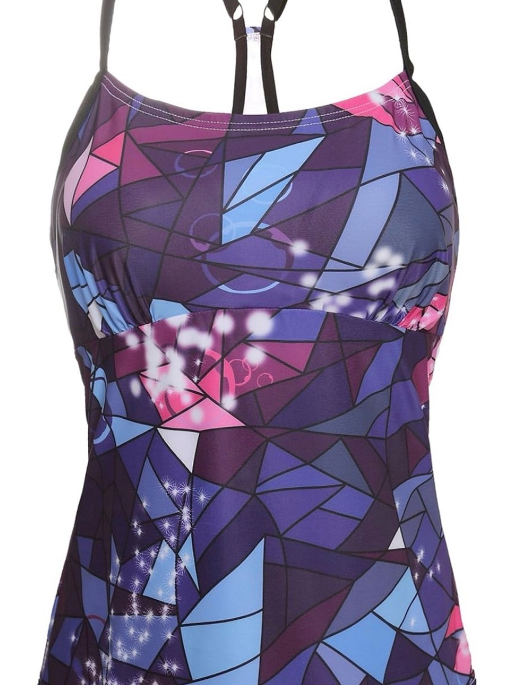 Purple Blue Pink Geometric Tankini with Black swim shorts